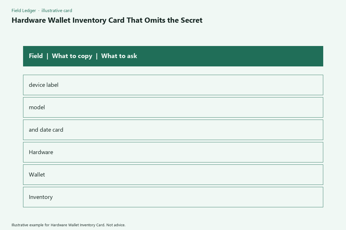 Diagram of hardware wallet inventory card folder fields