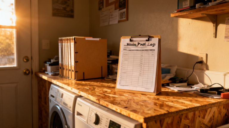 mining pool payout log folder on a spare-room folding table