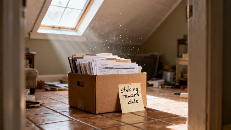 Quiet hallway console for staking reward date beside folder
