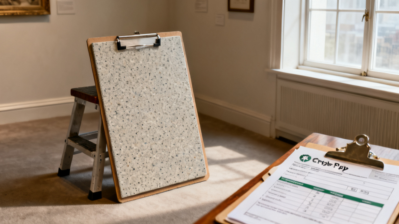 Crop of employer crypto paystub clipped folder on window seat