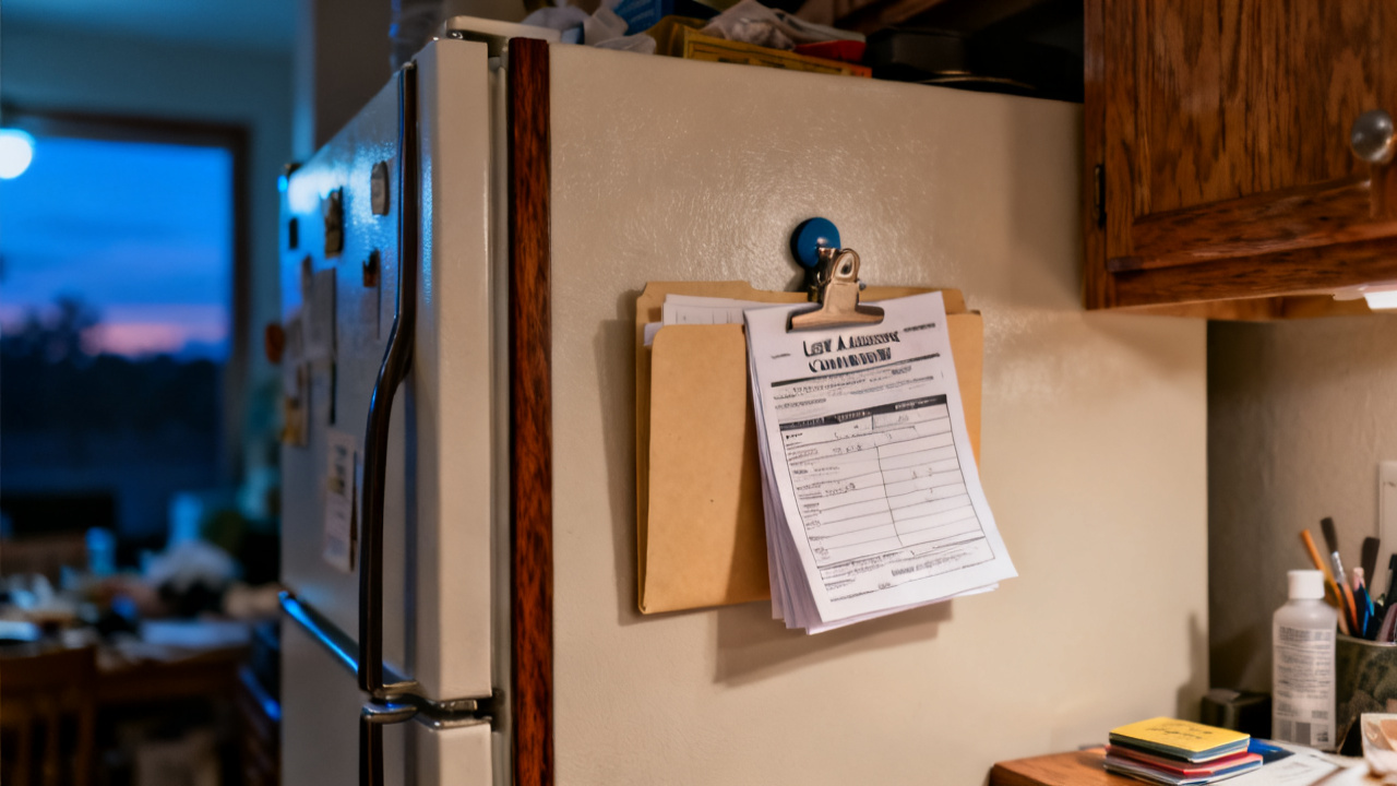 Lost-Access Memo scene at a spare-room folding table