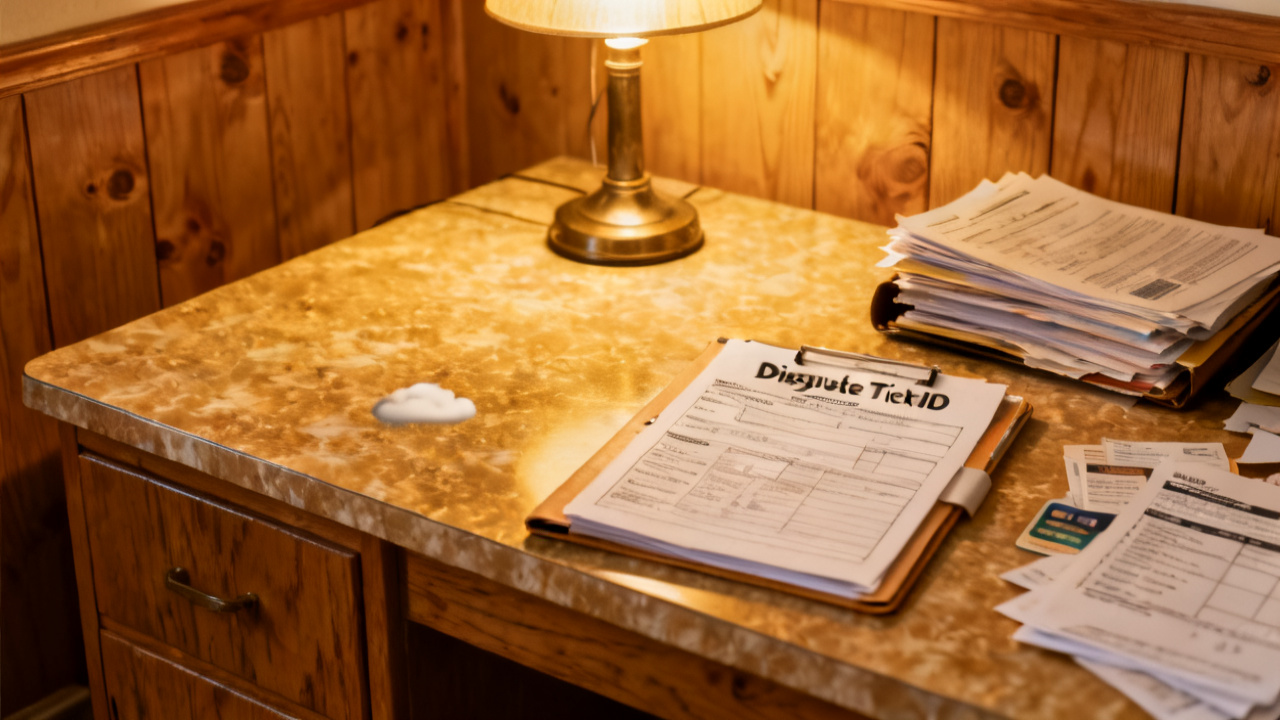 dispute ticket id written folder on a kitchen island