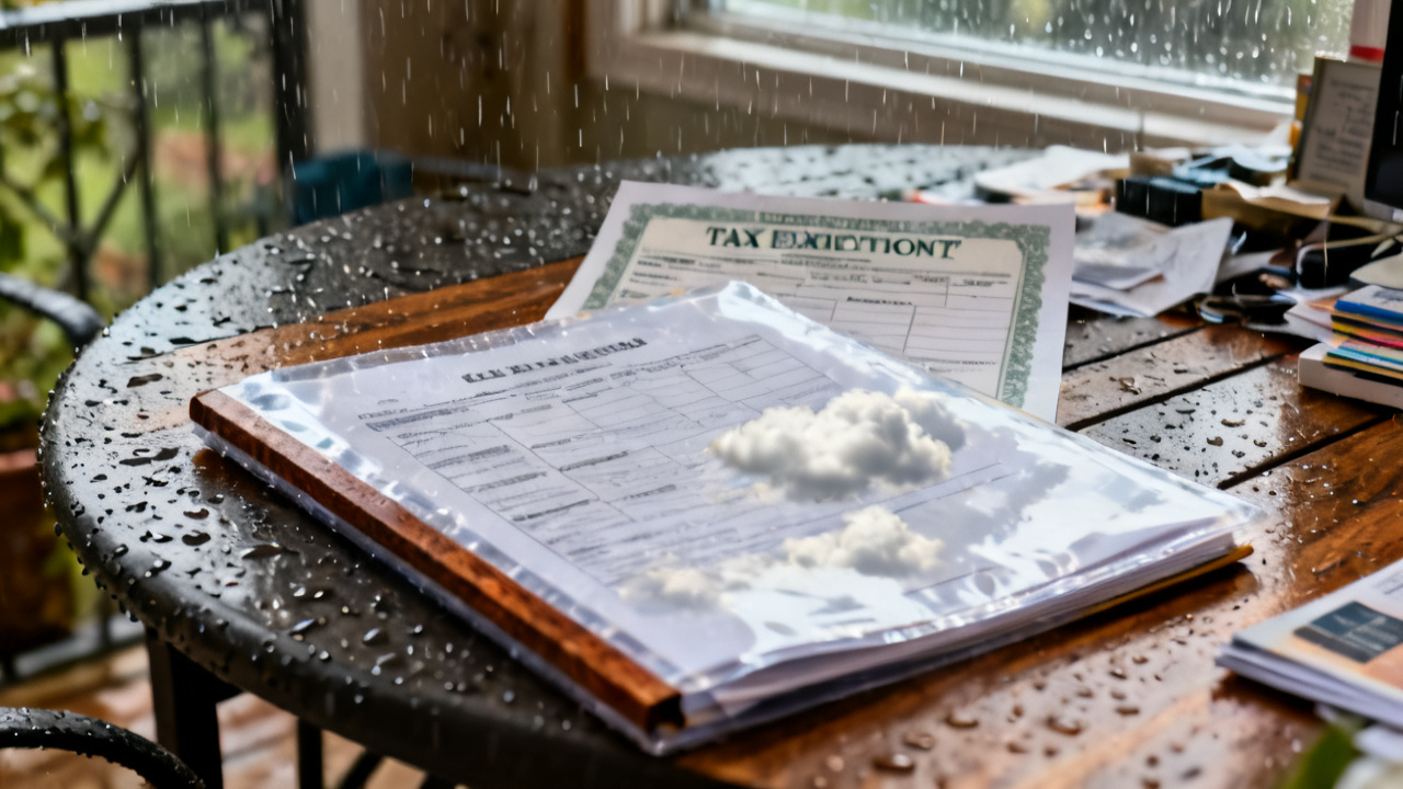 tax-exemption certificate copy behind folder waiting on a garage workbench