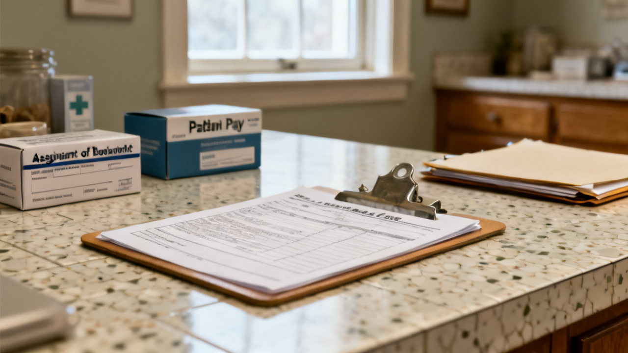Crop of assignment-of-benefits box patient-pay box folder on car tote