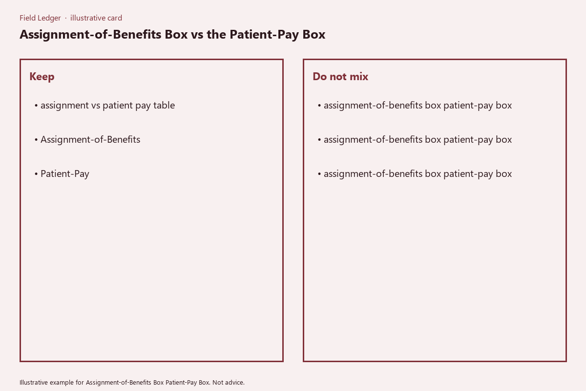 Illustrative field card for Assignment-of-Benefits Box Patient-Pay Box