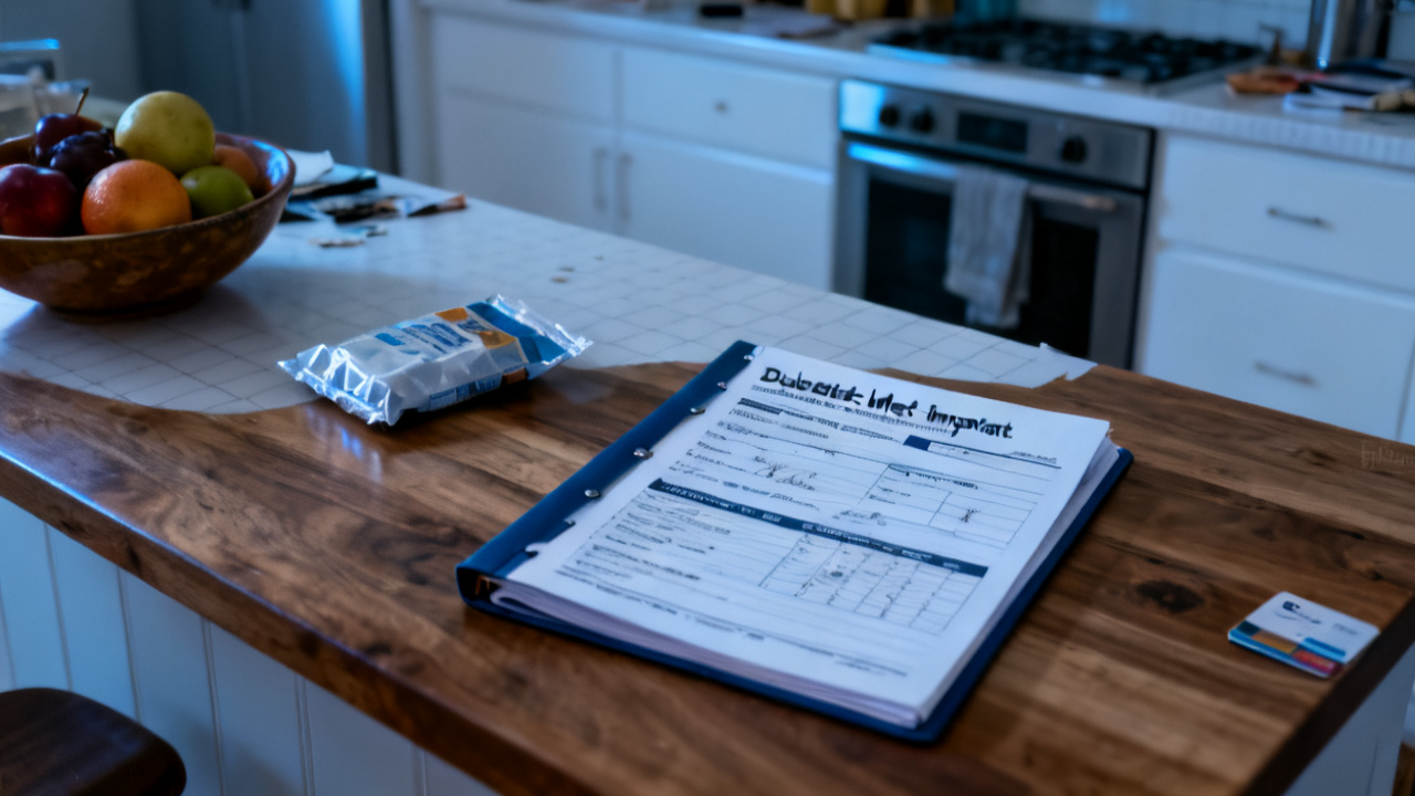 deductible-met line implant benefit folder on a kitchen table