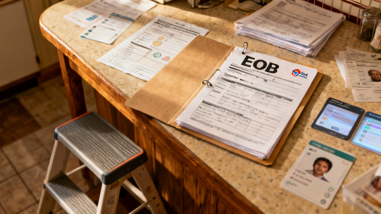 primary eob stapled in folder waiting on a kitchen table