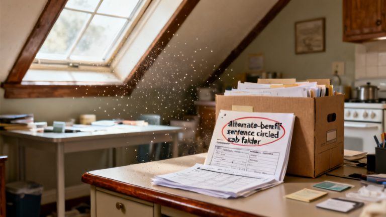 alternate-benefit sentence circled eob folder waiting on a covered porch ledge