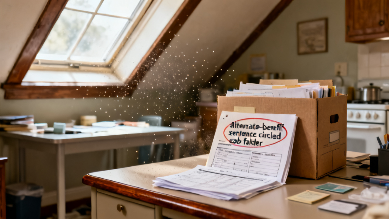 alternate-benefit sentence circled eob folder waiting on a covered porch ledge