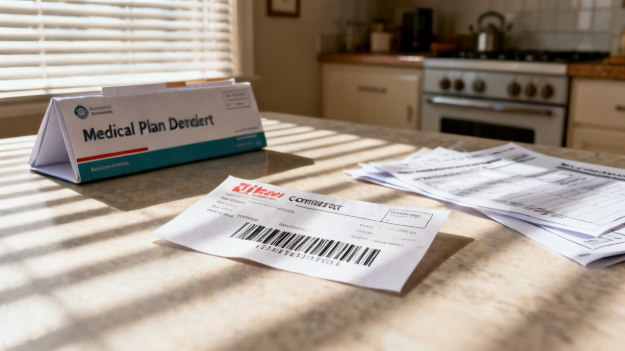 Crop of medical-plan denial folder separate on bedroom dresser
