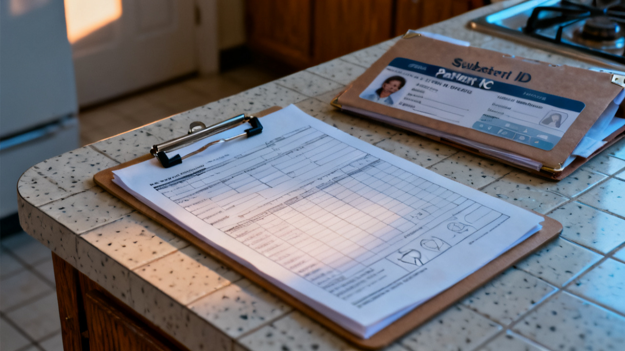 Crop of subscriber id patient id folder on kitchen table