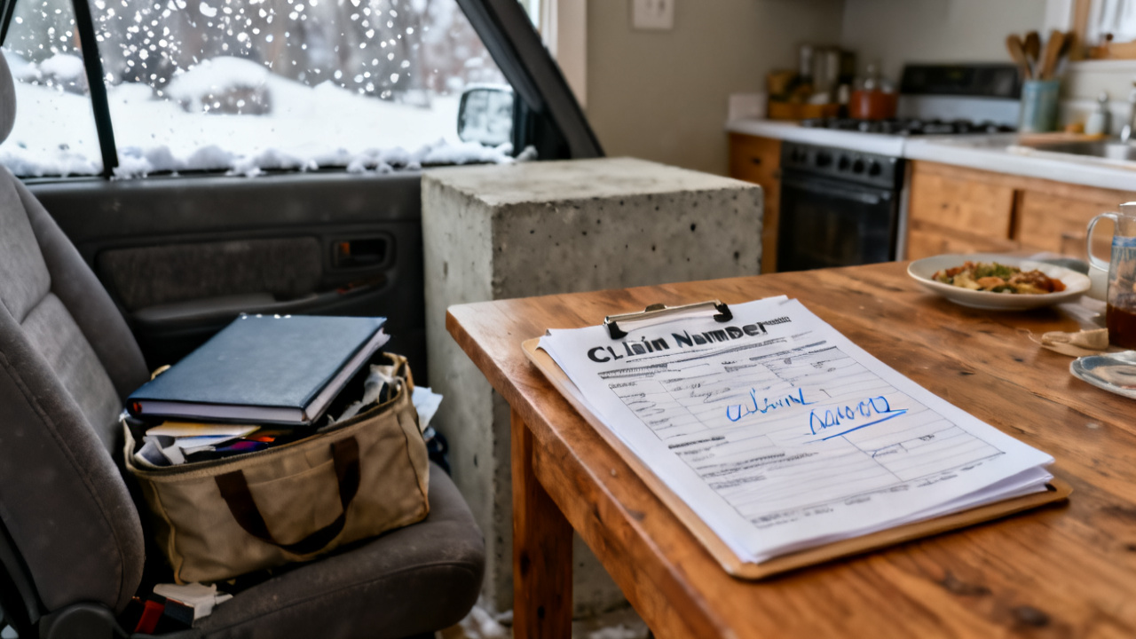Quiet kitchen table for claim number copied onto folder